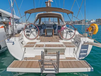 Deck of Quantum, a Beneteau Oceanis 45 sailboat at Municipal Unit of Rhodes, Greece