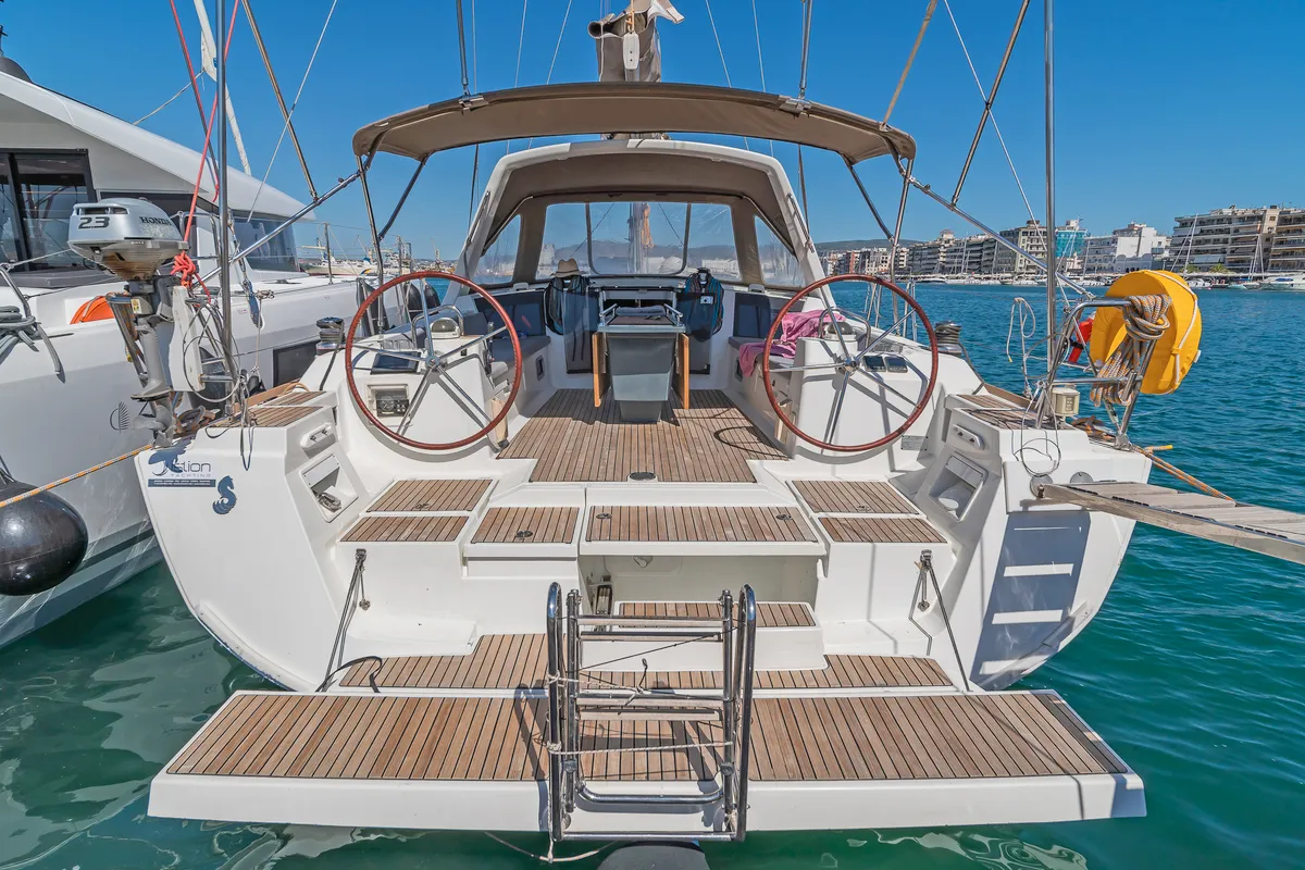 Deck of Quantum, a Beneteau Oceanis 45 sailboat at Municipal Unit of Rhodes, Greece