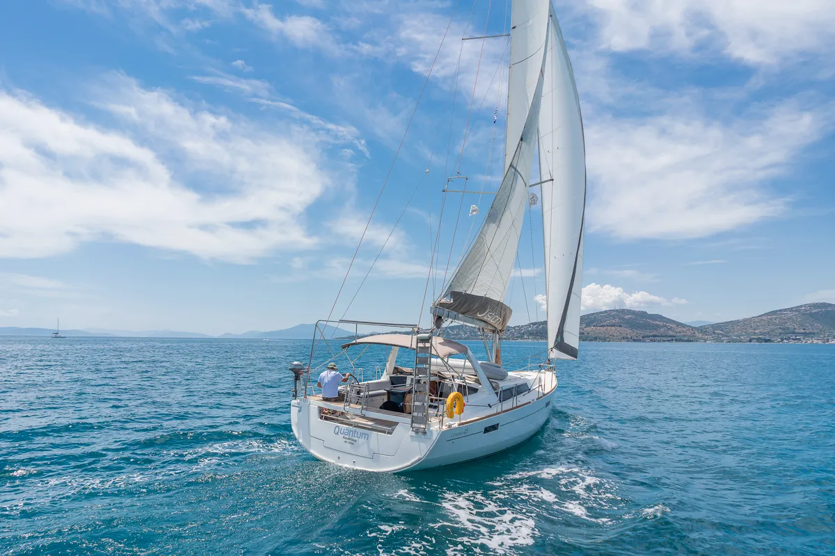 Exterior view of Quantum, a Beneteau Oceanis 45 sailboat at Municipal Unit of Rhodes, Greece