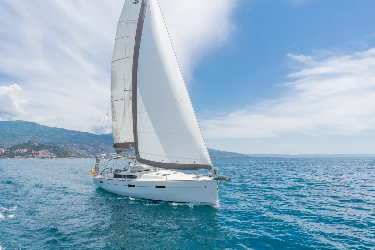 Exterior view of Quantum, a Beneteau Oceanis 45 sailboat at Municipal Unit of Rhodes, Greece