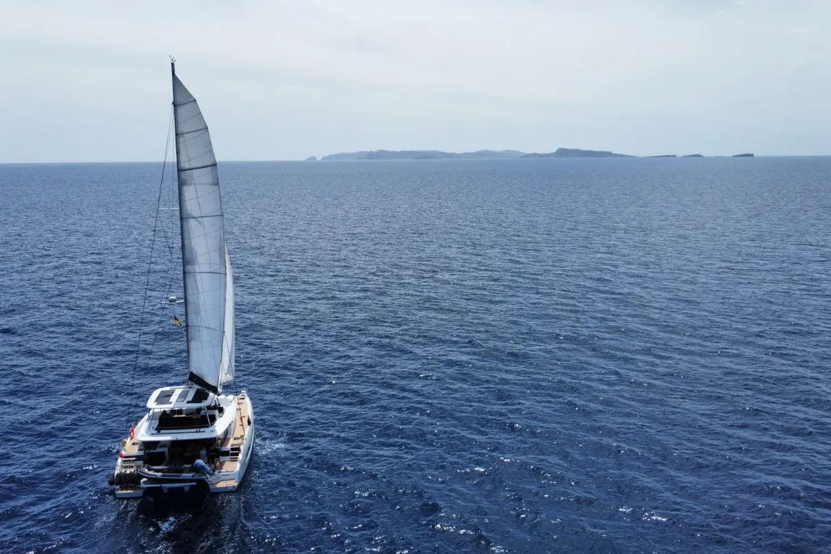Exterior view of Emilia, a Lagoon 55 catamaran at Palma de Mallorca, Spain