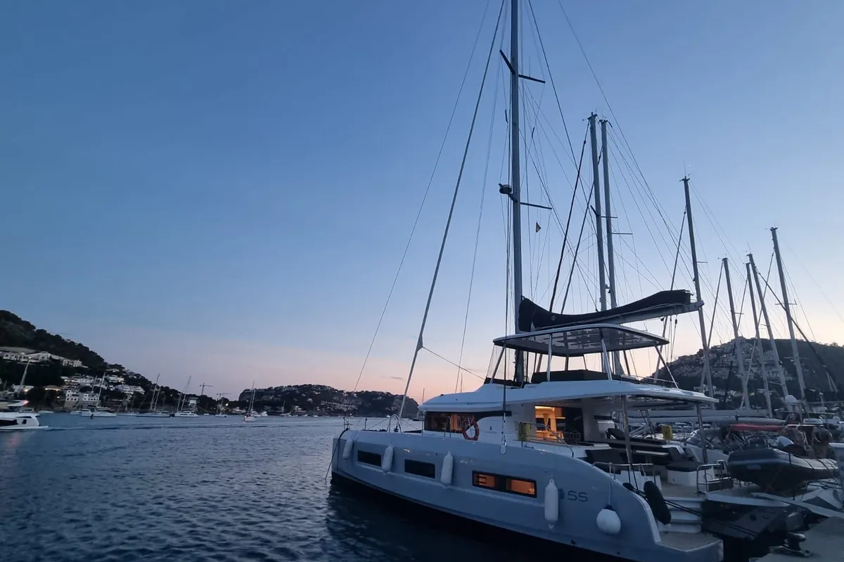 Exterior view of Emilia, a Lagoon 55 catamaran at Palma de Mallorca, Spain