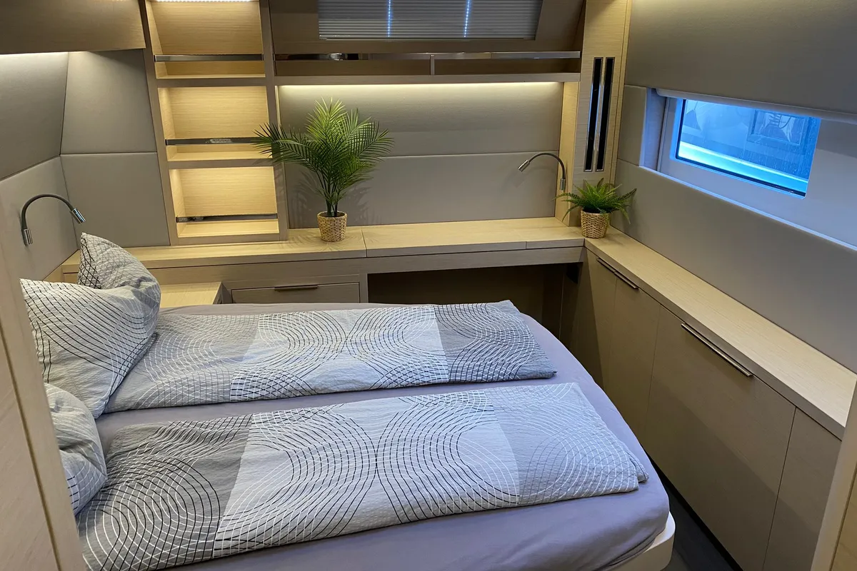 Cabin on Emilia, a Lagoon 55 catamaran at Palma de Mallorca, Spain