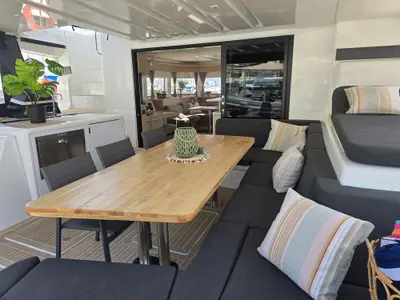 Deck of Emilia, a Lagoon 55 catamaran at Palma de Mallorca, Spain