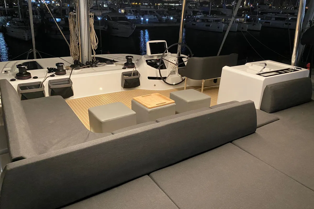 Cockpit of Emilia, a Lagoon 55 catamaran at Palma de Mallorca, Spain