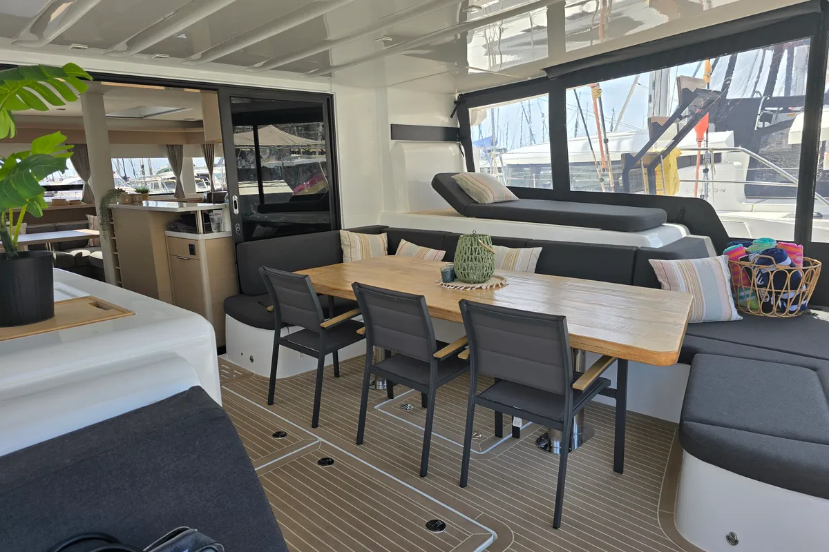 Deck of Emilia, a Lagoon 55 catamaran at Palma de Mallorca, Spain
