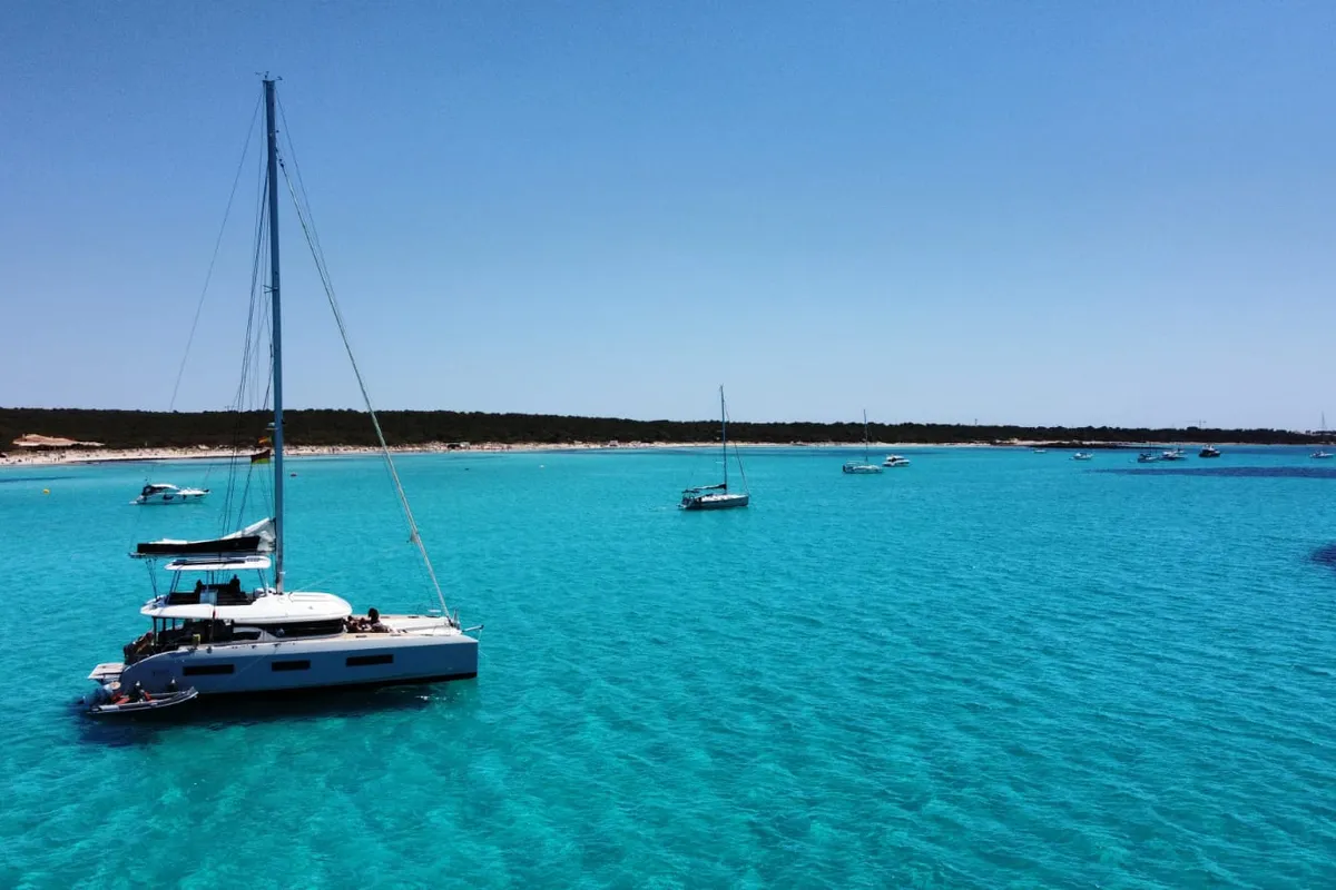 Exterior view of Emilia, a Lagoon 55 catamaran at Palma de Mallorca, Spain