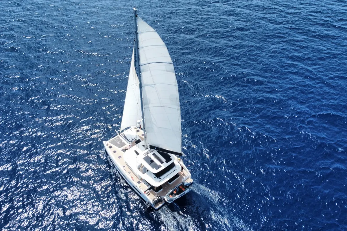 Exterior view of Emilia, a Lagoon 55 catamaran at Palma de Mallorca, Spain