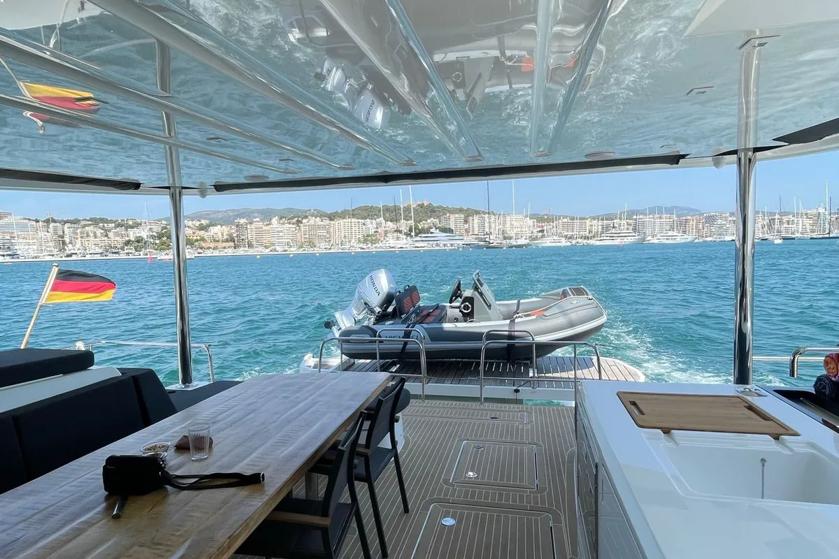 Deck of Emilia, a Lagoon 55 catamaran at Palma de Mallorca, Spain