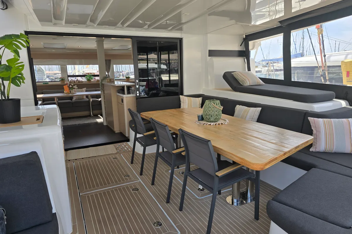Deck of Emilia, a Lagoon 55 catamaran at Palma de Mallorca, Spain
