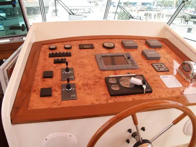 Cockpit of Drait 60, a De Drait Impression 1400 motorboat at Drachten, Netherlands