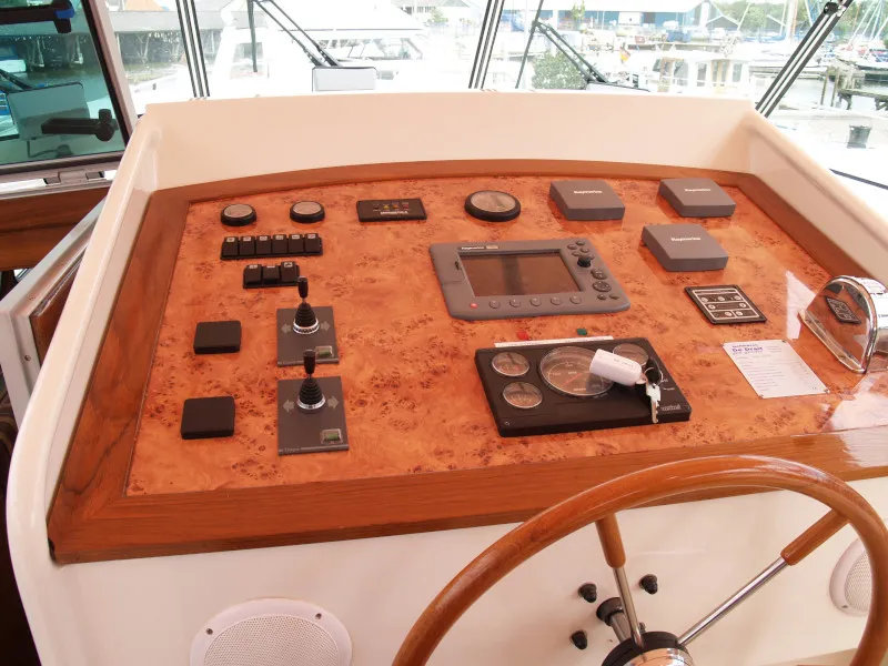 Cockpit of Drait 60, a De Drait Impression 1400 motorboat at Drachten, Netherlands