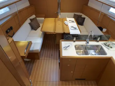 Salon of Dakiri, a Jeanneau Sun Odyssey 389 sailboat at Nieuwpoort, Belgium