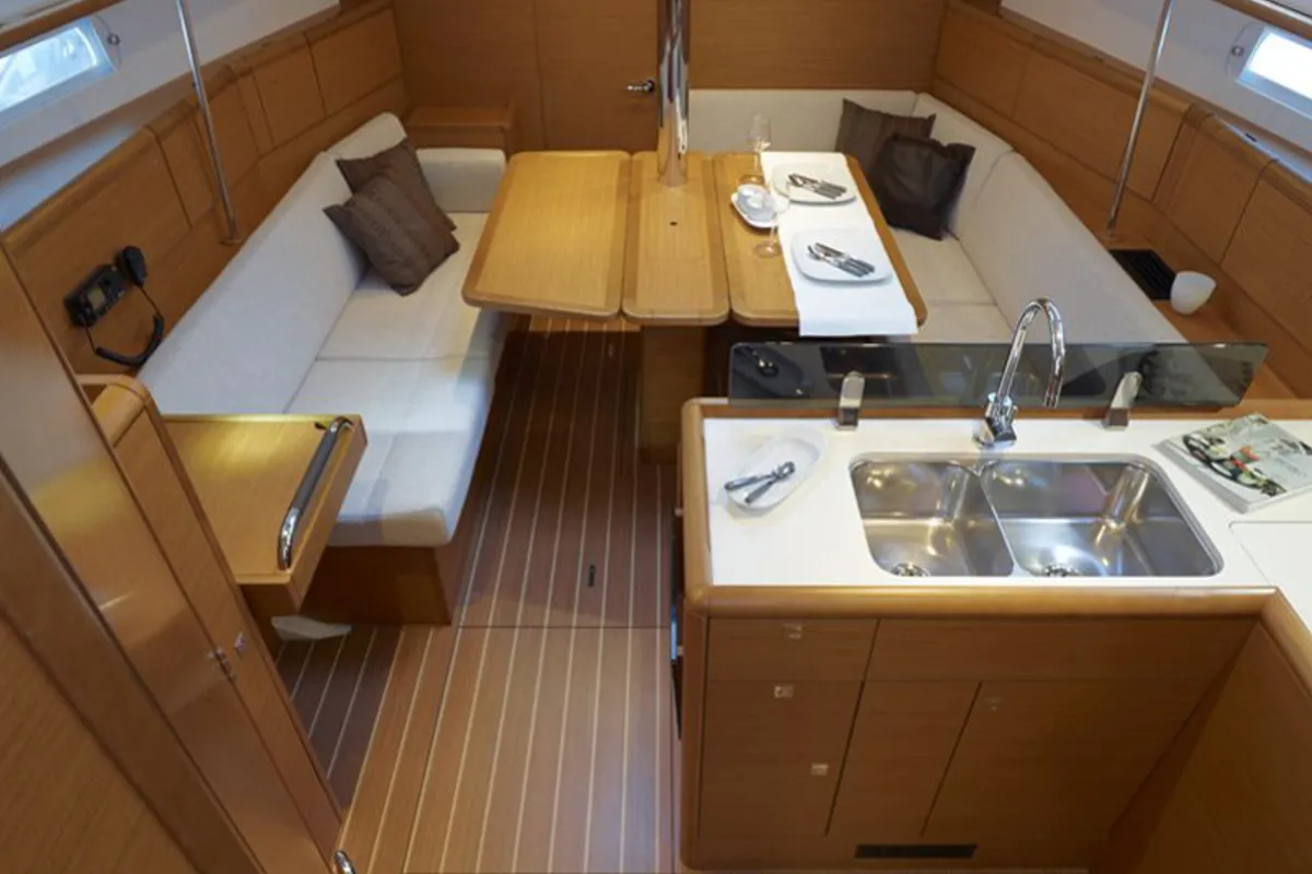 Salon of Dakiri, a Jeanneau Sun Odyssey 389 sailboat at Nieuwpoort, Belgium