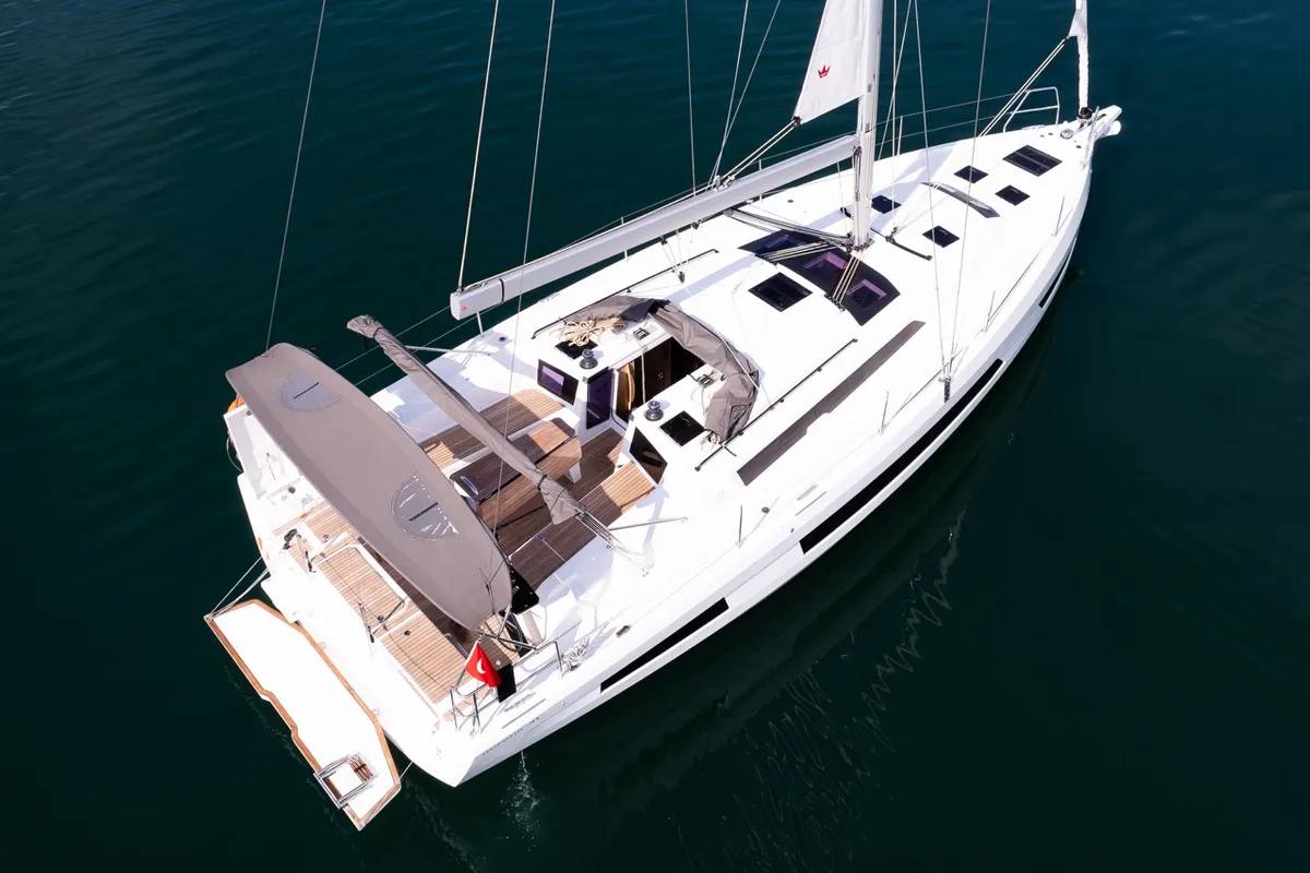Deck of Los Angeles, a Dufour 41 sailboat at Fethiye, Turkey