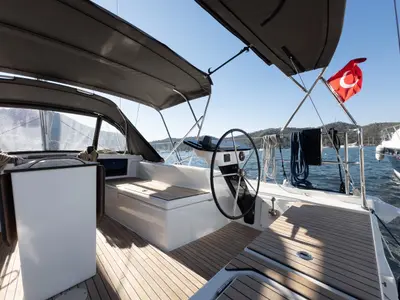Cockpit of Los Angeles, a Dufour 41 sailboat at Fethiye, Turkey