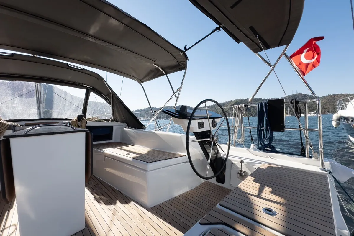 Cockpit of Los Angeles, a Dufour 41 sailboat at Fethiye, Turkey