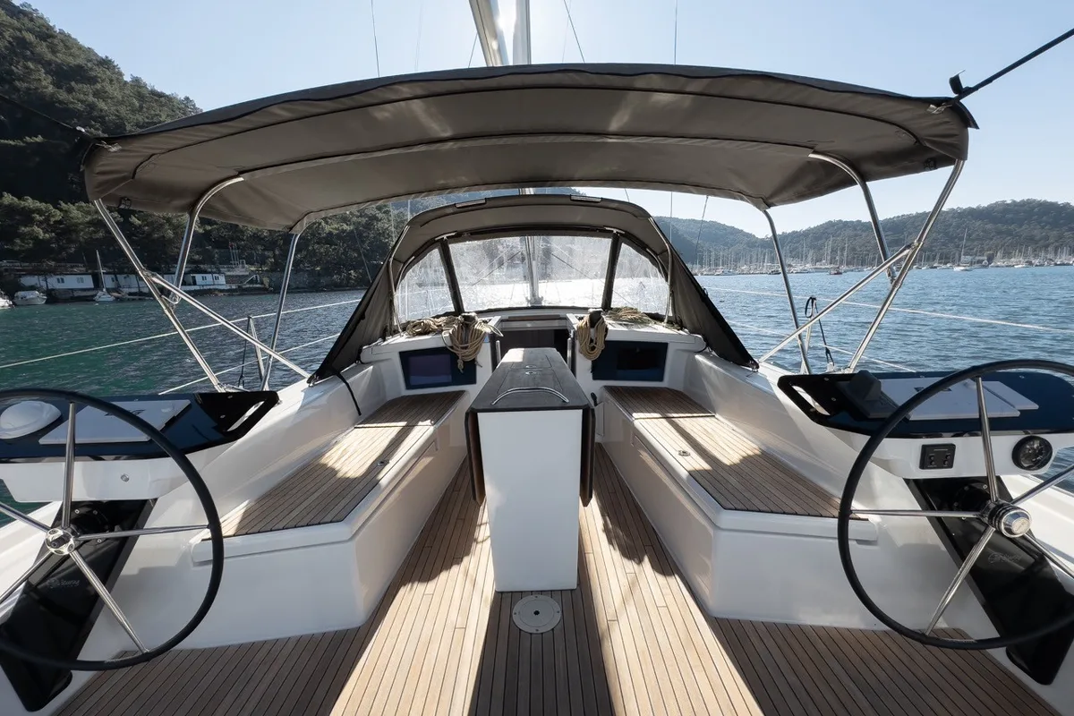 Cockpit of Los Angeles, a Dufour 41 sailboat at Fethiye, Turkey