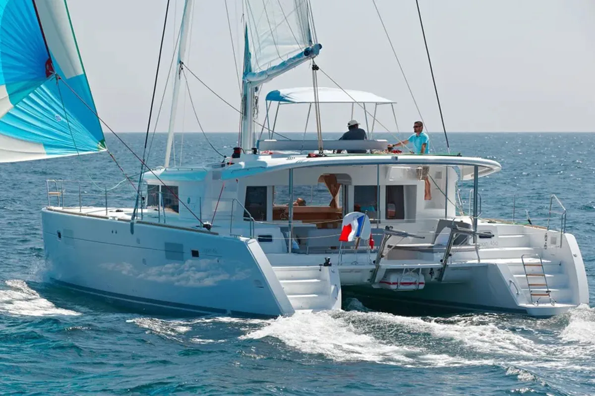Exterior view of Fluffy, a Lagoon 450 Fly catamaran at Lefkada, Greece