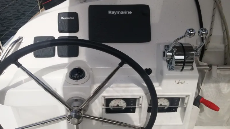 Cockpit of Trixi, a Lagoon 400 S2 catamaran at Pointe-à-Pitre, France