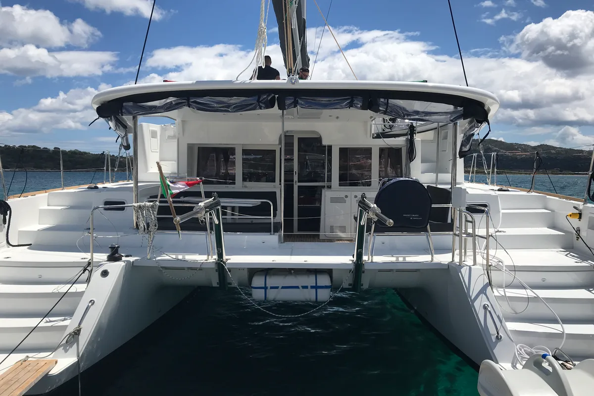 Exterior view of Rigel Kentaurus, a Lagoon 450 Fly catamaran at Olbia, Italy
