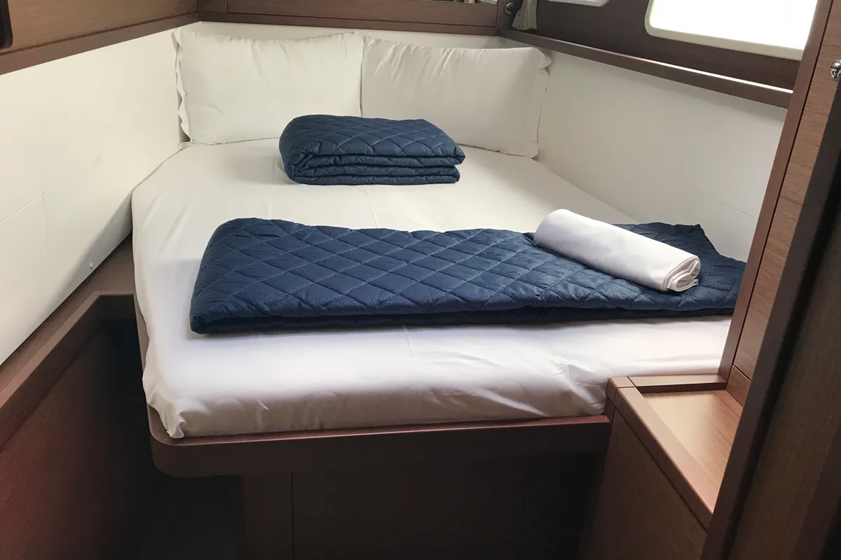 Cabin on Rigel Kentaurus, a Lagoon 450 Fly catamaran at Olbia, Italy