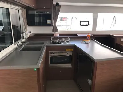 Galley of Rigel Kentaurus, a Lagoon 450 Fly catamaran at Olbia, Italy