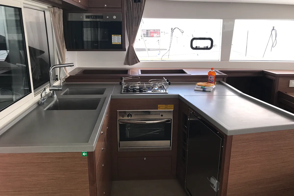 Galley of Rigel Kentaurus, a Lagoon 450 Fly catamaran at Olbia, Italy