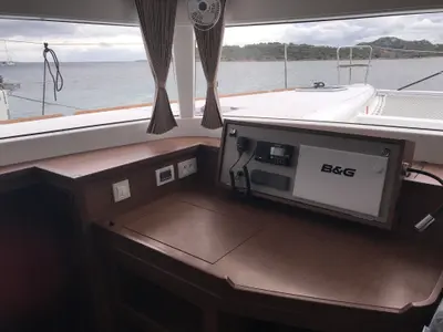 Salon of Rigel Kentaurus, a Lagoon 450 Fly catamaran at Olbia, Italy