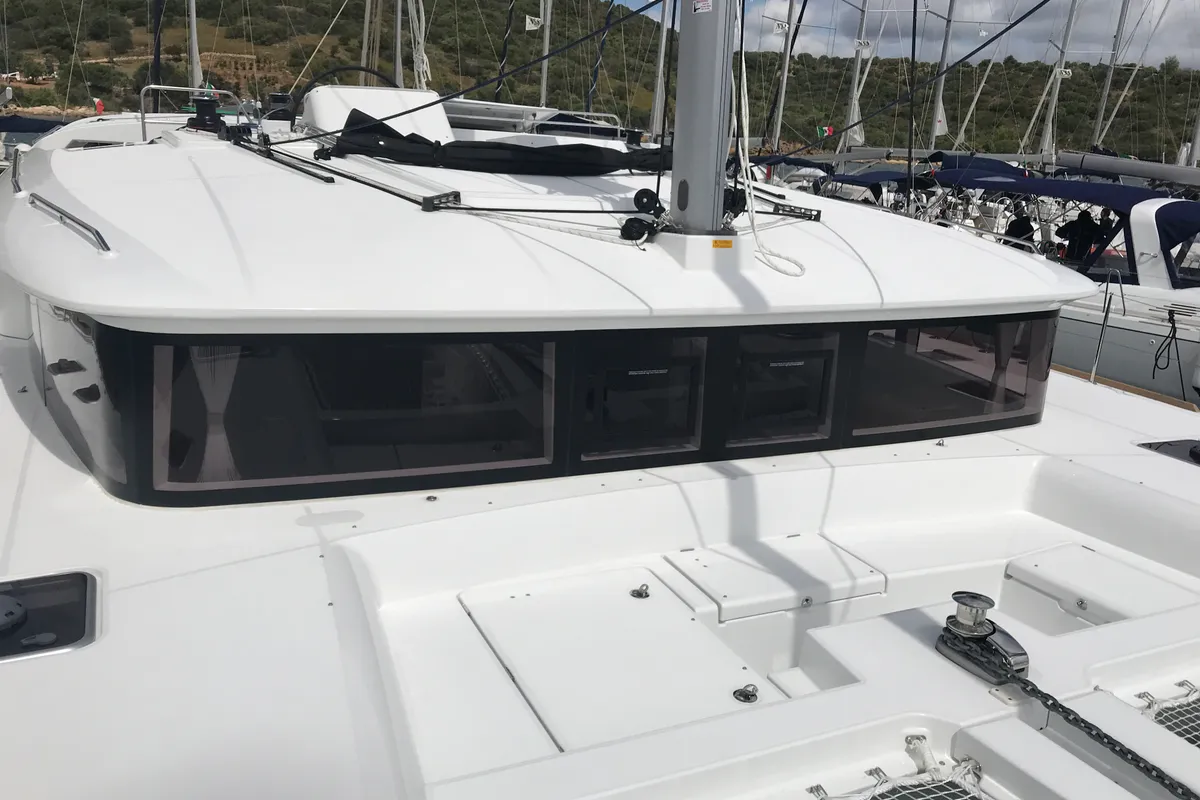 Exterior view of Rigel Kentaurus, a Lagoon 450 Fly catamaran at Olbia, Italy