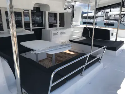 Deck of Rigel Kentaurus, a Lagoon 450 Fly catamaran at Olbia, Italy