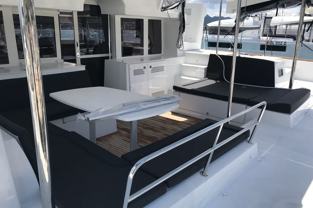 Deck of Rigel Kentaurus, a Lagoon 450 Fly catamaran at Olbia, Italy