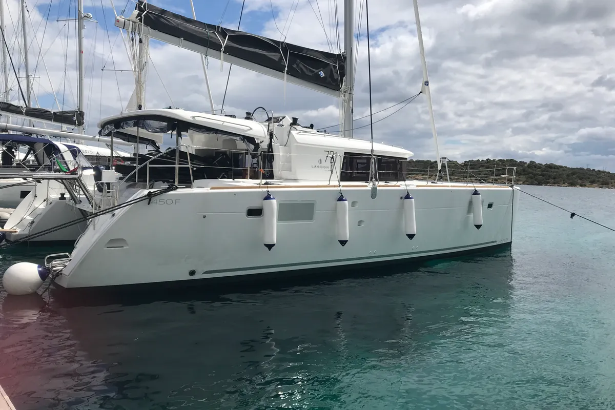 Exterior view of Rigel Kentaurus, a Lagoon 450 Fly catamaran at Olbia, Italy