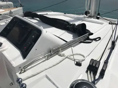 Cockpit of Rigel Kentaurus, a Lagoon 450 Fly catamaran at Olbia, Italy