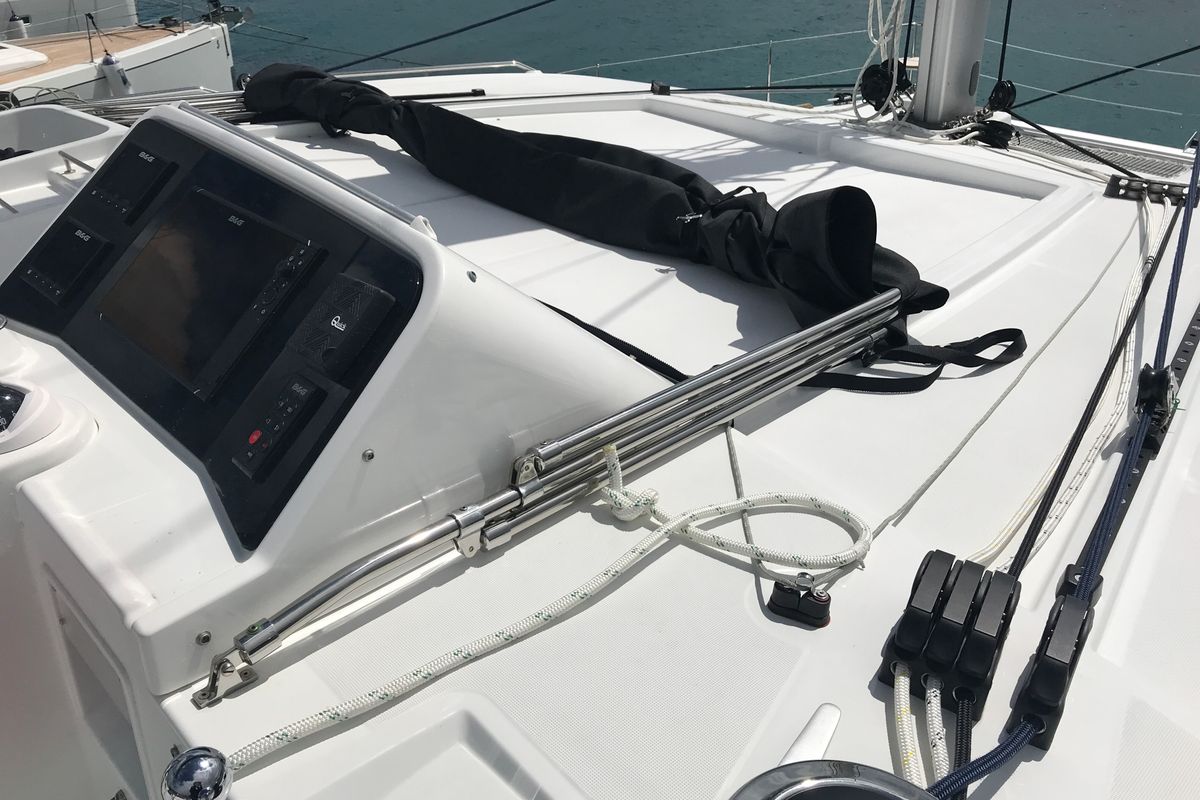 Cockpit of Rigel Kentaurus, a Lagoon 450 Fly catamaran at Olbia, Italy
