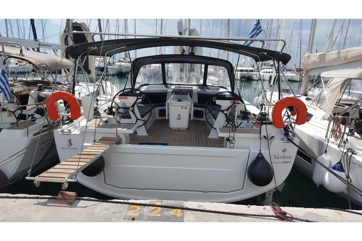 Exterior view of Nicolaos, a Beneteau Oceanis 51.1 sailboat at Agios Stefanos, Greece