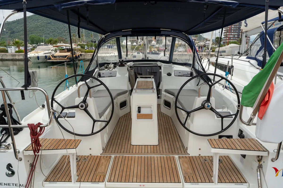 Cockpit of Pluto, a Beneteau Oceanis 34.1 sailboat at Salerno, Italy