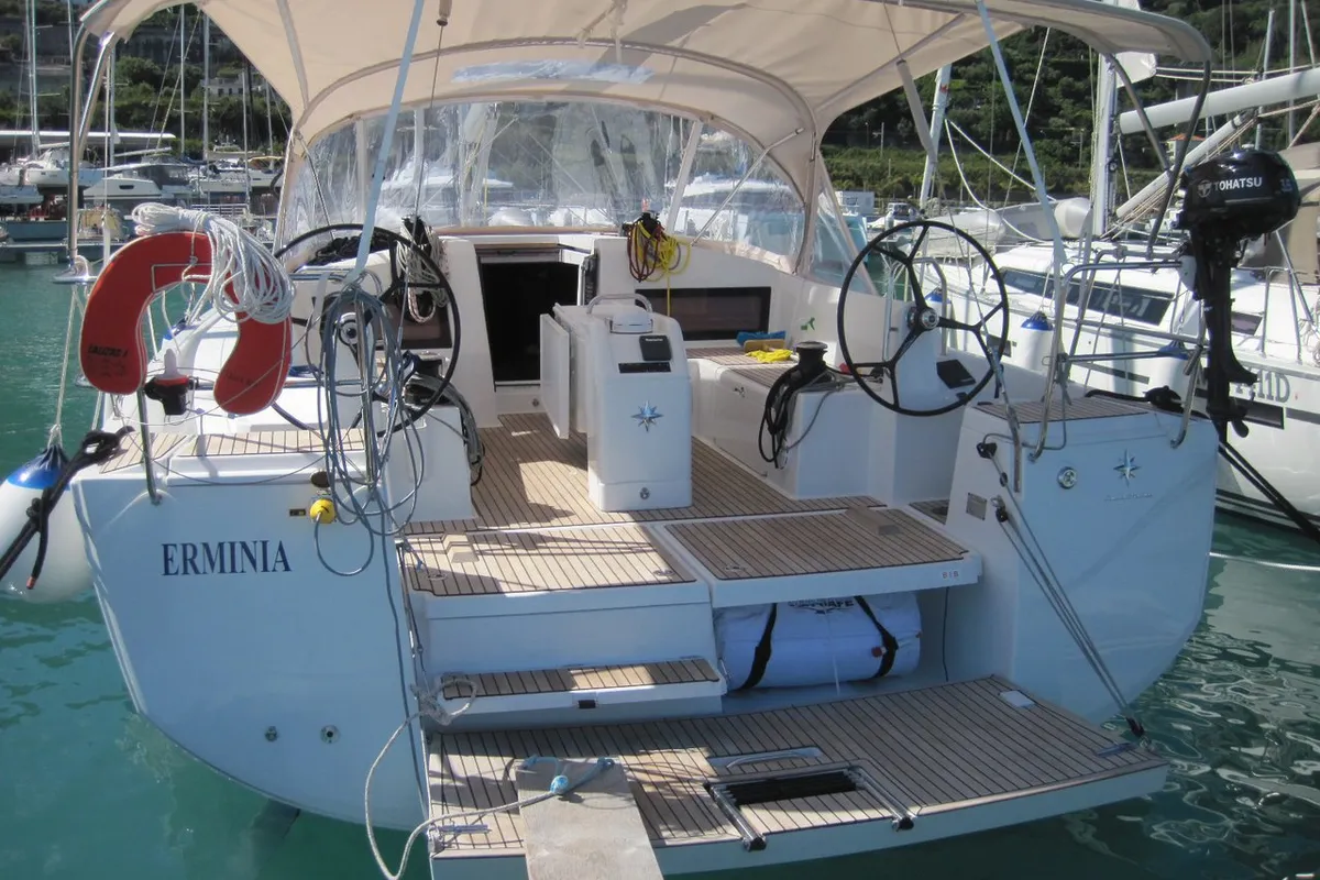 Exterior view of Erminia, a Jeanneau Sun Odyssey 440 sailboat at Capo d'Orlando, Italy