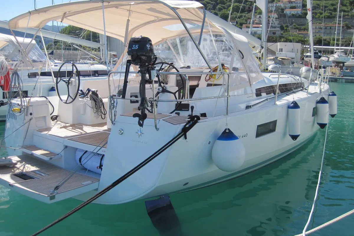 Exterior view of Erminia, a Jeanneau Sun Odyssey 440 sailboat at Capo d'Orlando, Italy