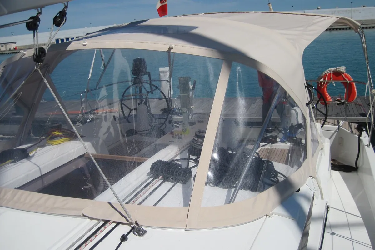 Deck of Erminia, a Jeanneau Sun Odyssey 440 sailboat at Capo d'Orlando, Italy