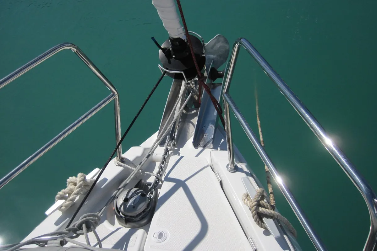 Deck of Erminia, a Jeanneau Sun Odyssey 440 sailboat at Capo d'Orlando, Italy