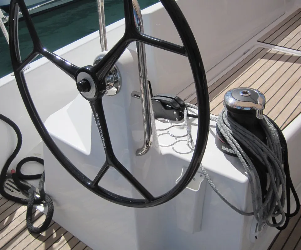 Cockpit of Erminia, a Jeanneau Sun Odyssey 440 sailboat at Capo d'Orlando, Italy