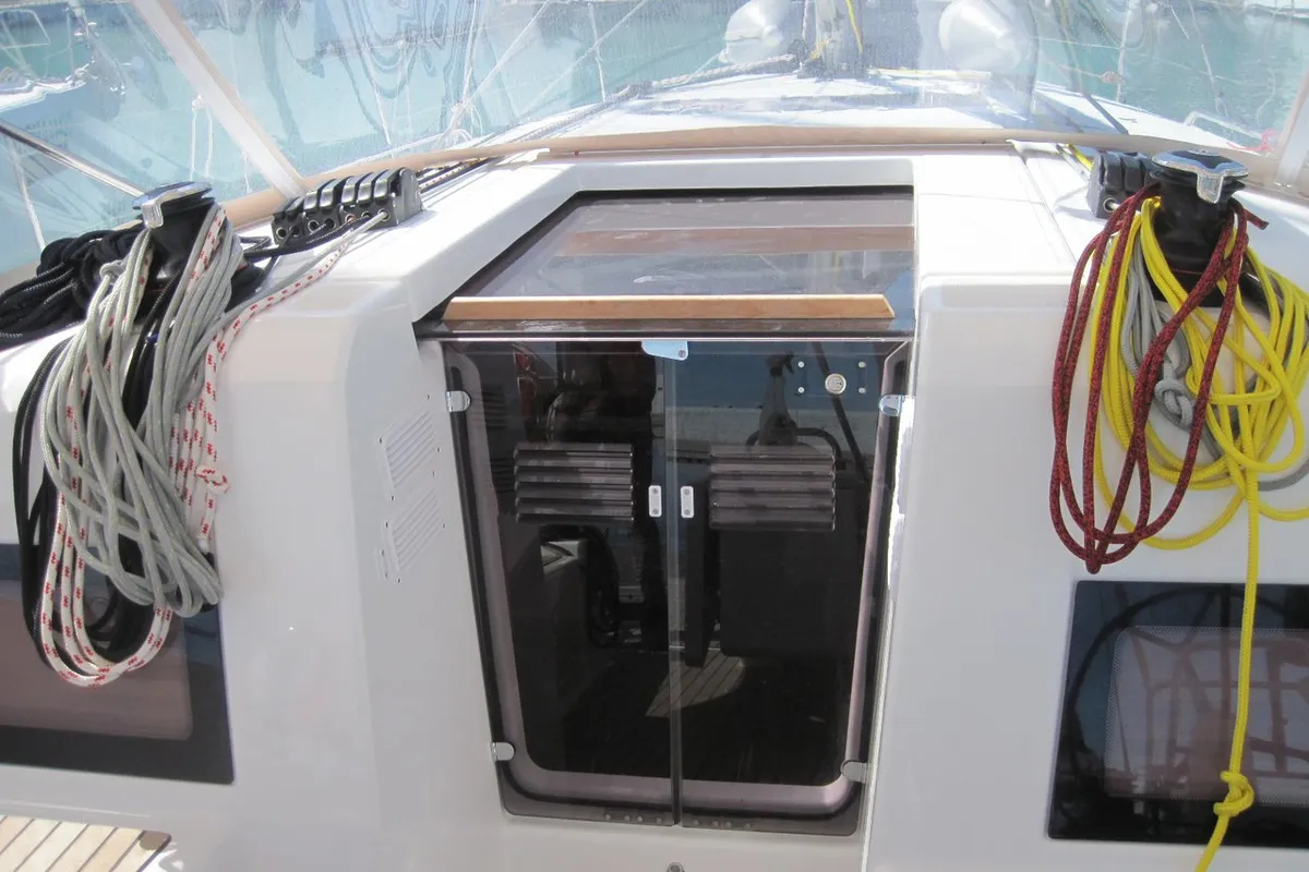 Deck of Erminia, a Jeanneau Sun Odyssey 440 sailboat at Capo d'Orlando, Italy