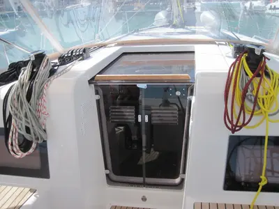 Deck of Erminia, a Jeanneau Sun Odyssey 440 sailboat at Capo d'Orlando, Italy