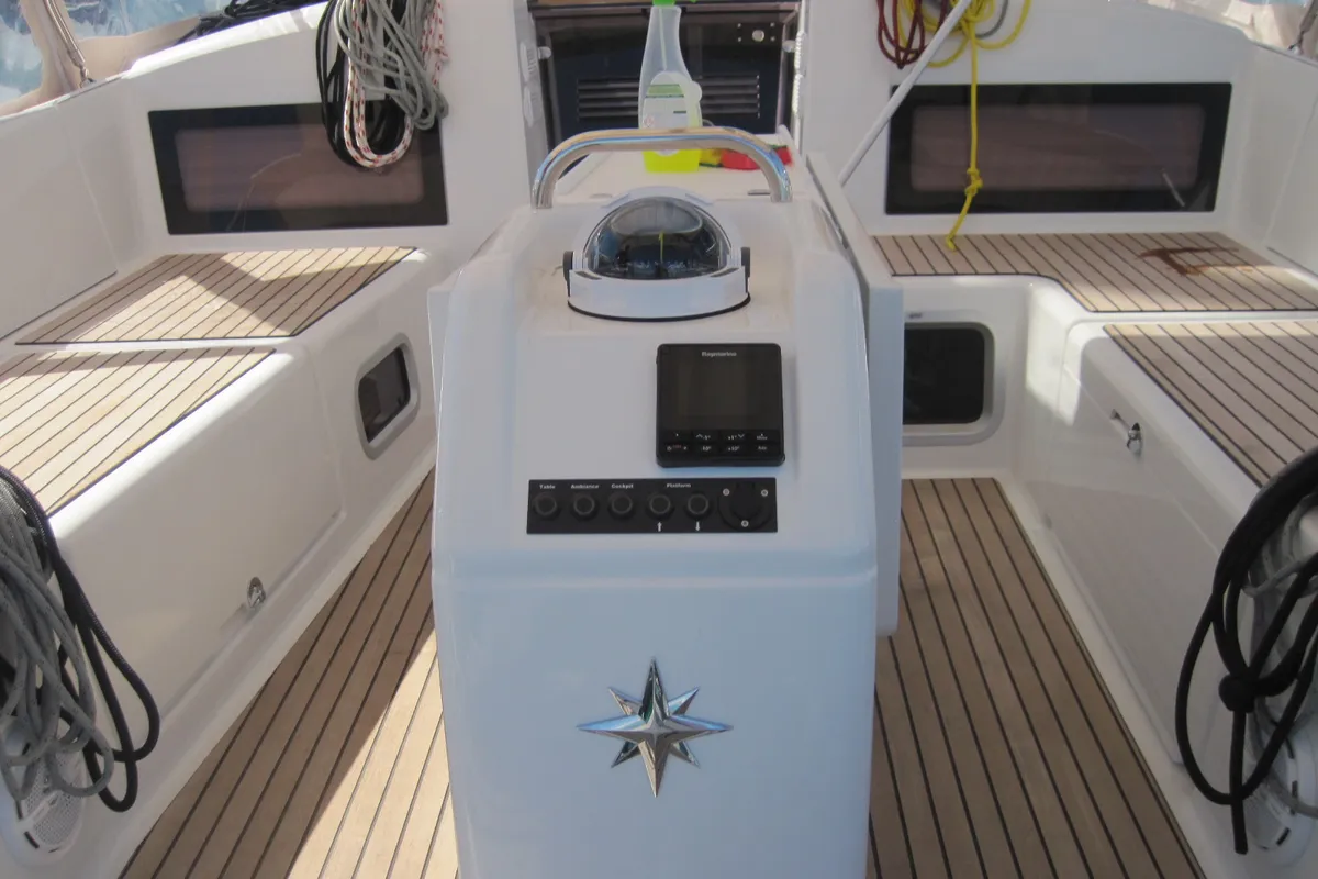 Cockpit of Erminia, a Jeanneau Sun Odyssey 440 sailboat at Capo d'Orlando, Italy