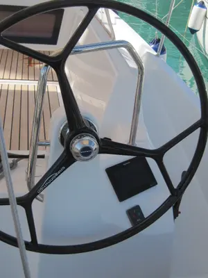 Cockpit of Erminia, a Jeanneau Sun Odyssey 440 sailboat at Capo d'Orlando, Italy