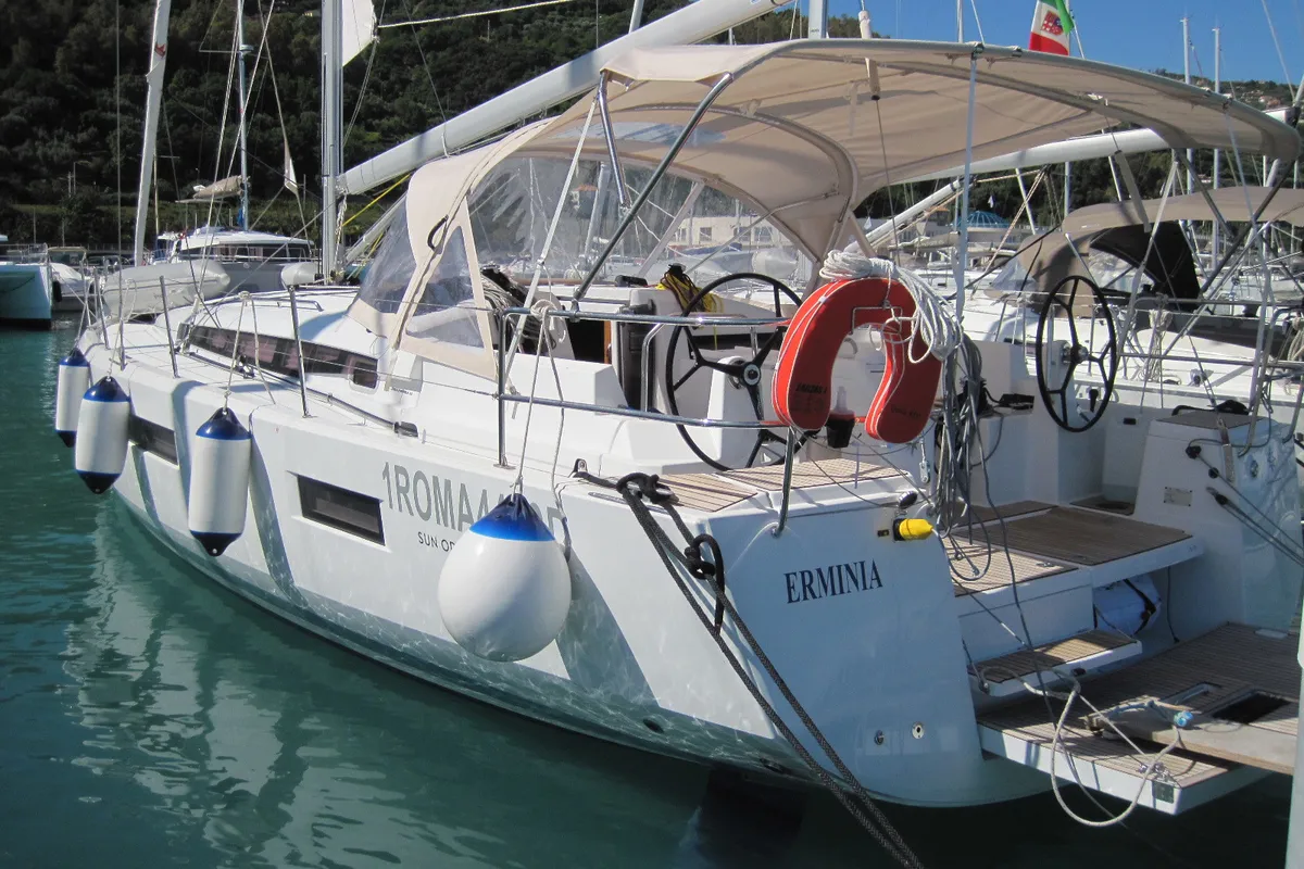 Exterior view of Erminia, a Jeanneau Sun Odyssey 440 sailboat at Capo d'Orlando, Italy