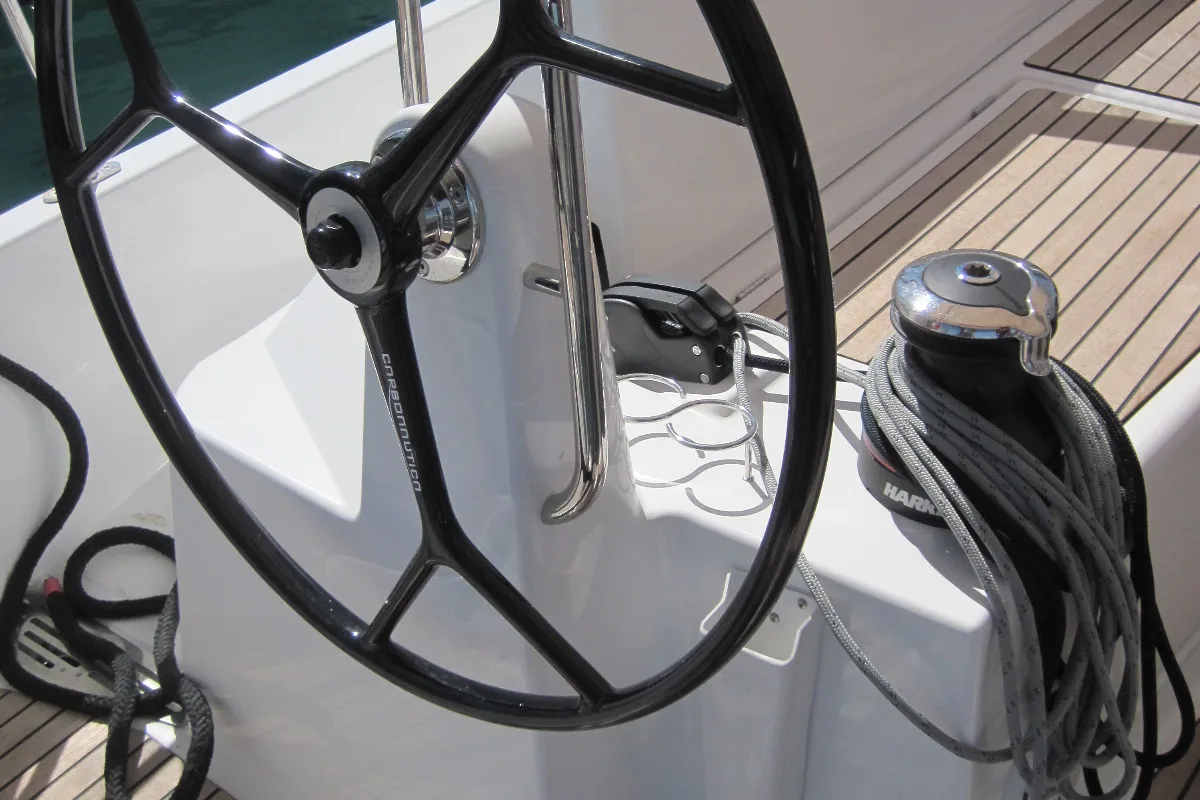 Cockpit of Erminia, a Jeanneau Sun Odyssey 440 sailboat at Capo d'Orlando, Italy