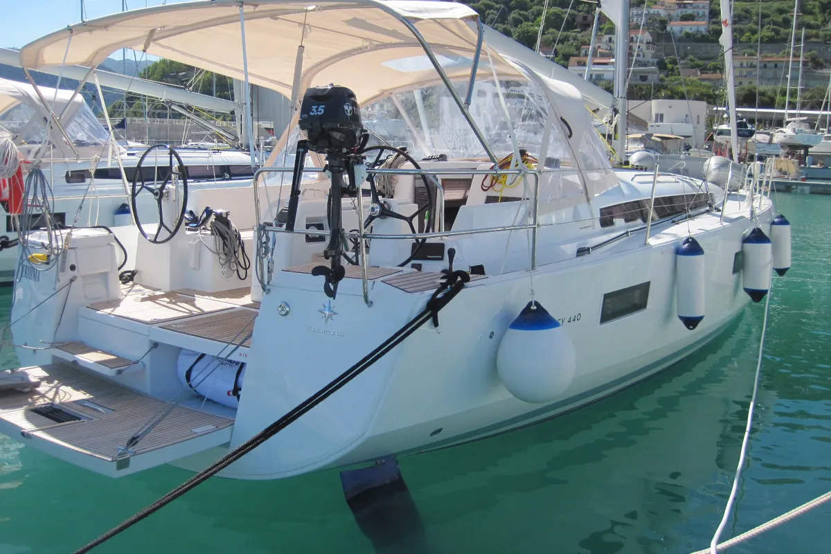Exterior view of Erminia, a Jeanneau Sun Odyssey 440 sailboat at Capo d'Orlando, Italy