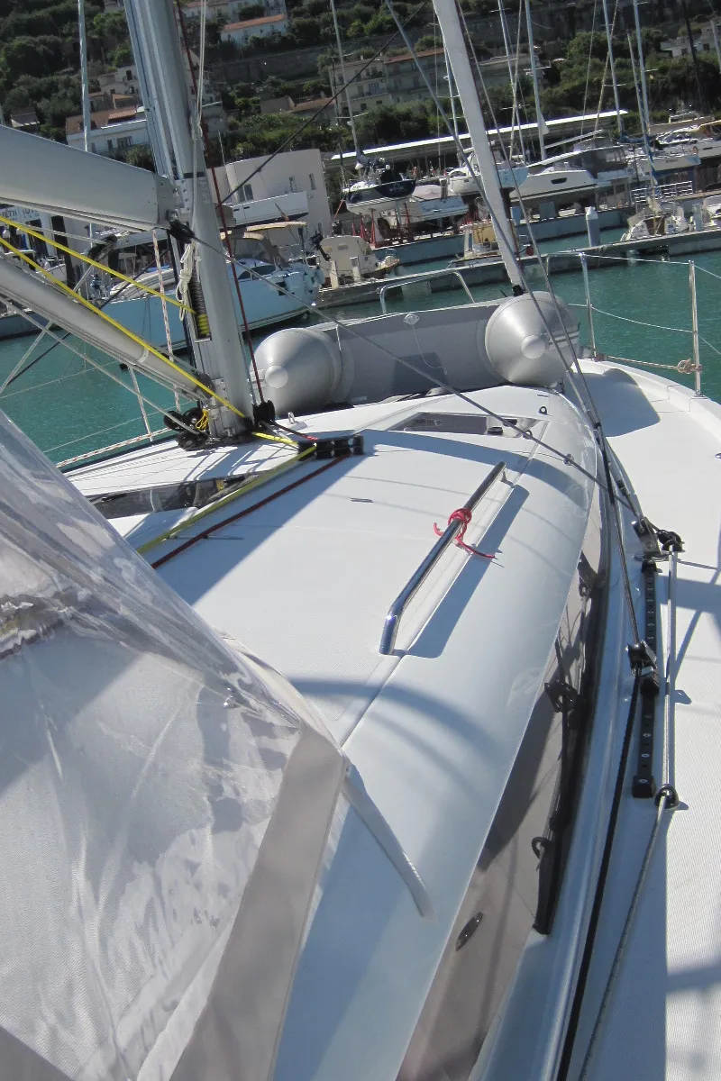 Deck of Erminia, a Jeanneau Sun Odyssey 440 sailboat at Capo d'Orlando, Italy